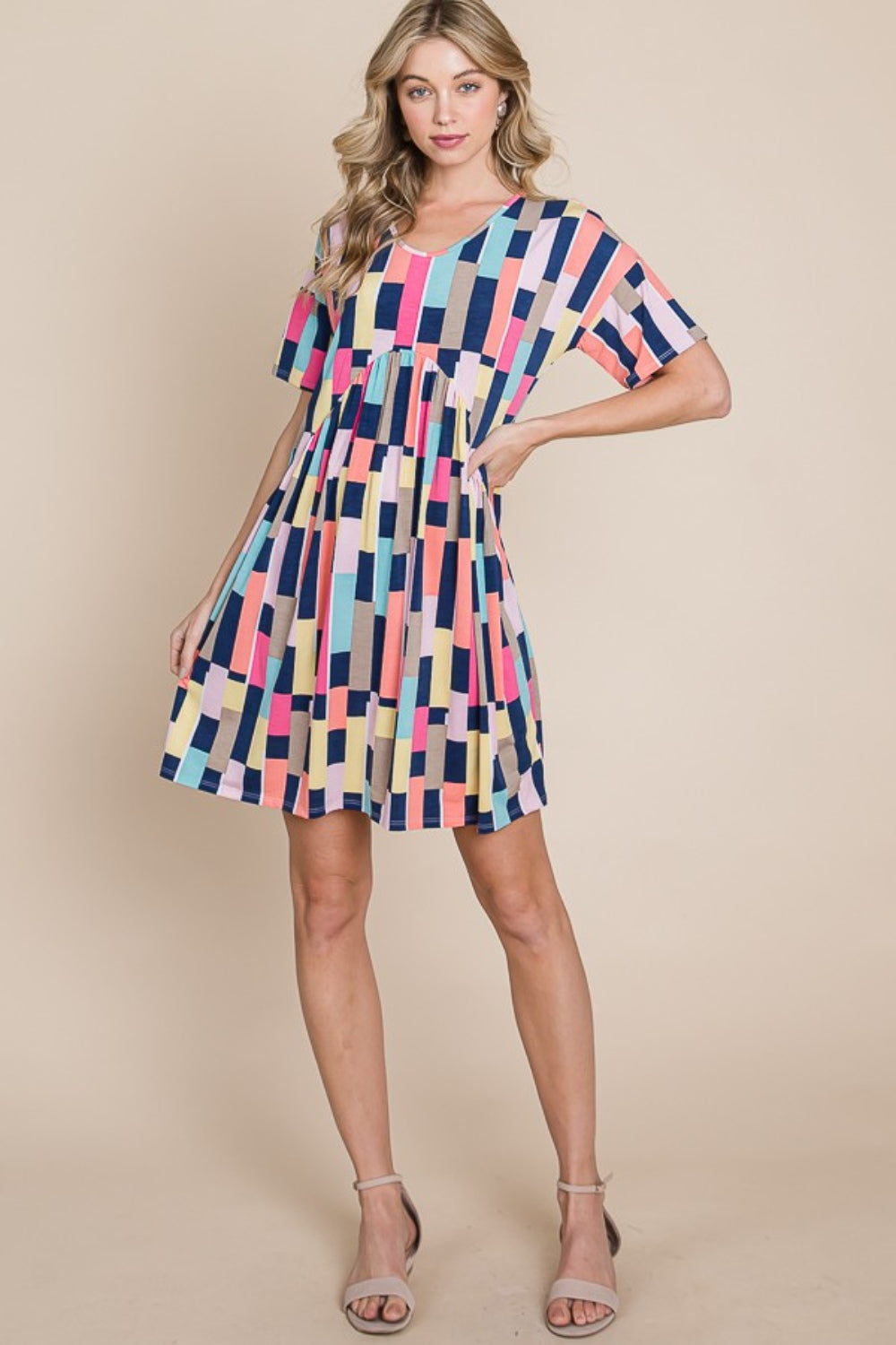 BOMBOM Ruched Color Block Short Sleeve Mini Dress-Teresa&#39;s Fashionista LLC