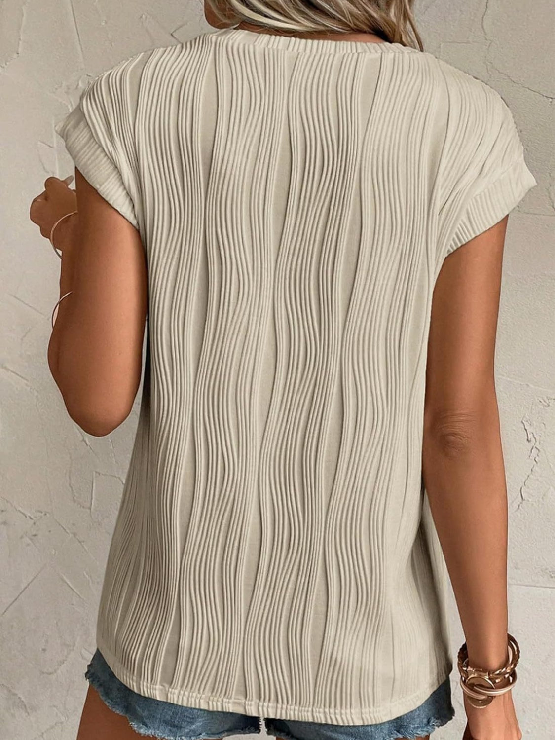 Textured Round Neck Cap Sleeve T-Shirt-Teresa&#39;s Fashionista LLC