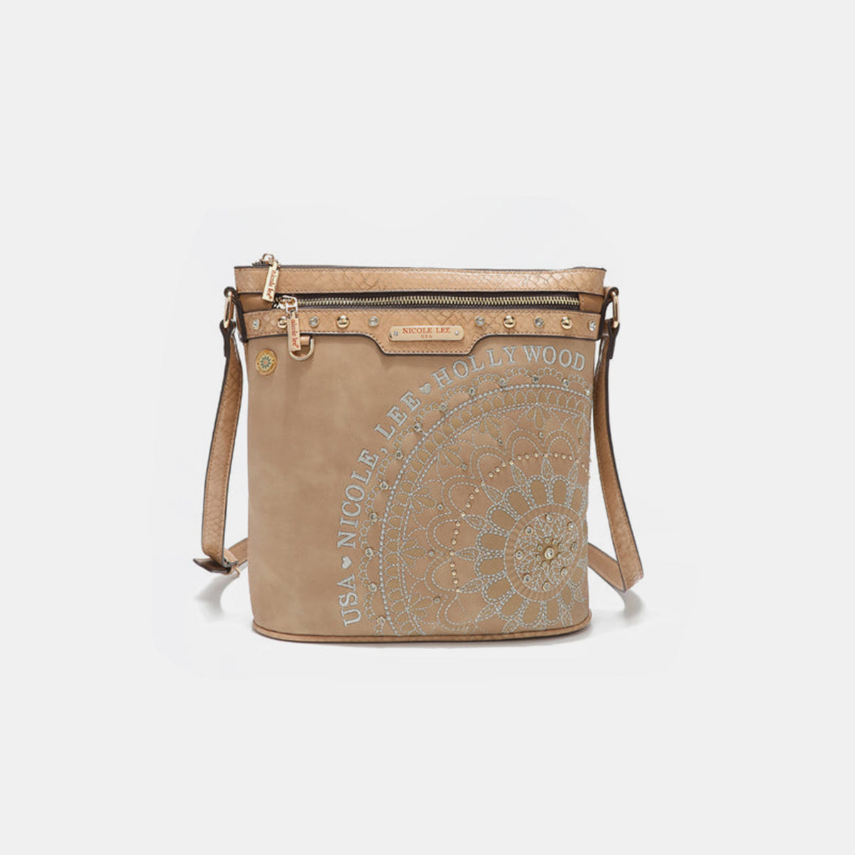 Nicole Lee USA Metallic Stitching Embroidery Inlaid Rhinestone Crossbody Bag-Teresa&#39;s Fashionista LLC