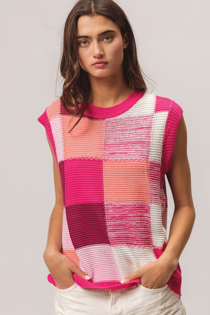 BiBi Color Block Round Neck Sweater Vest-Teresa&#39;s Fashionista LLC