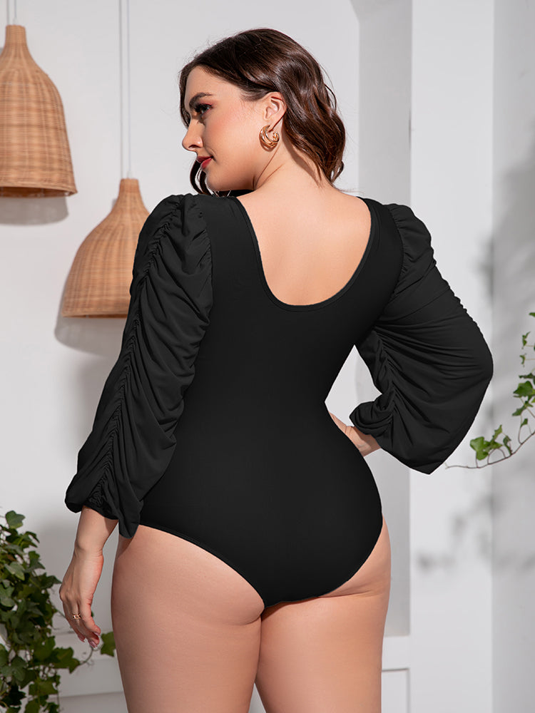 Plus Size Tied Deep V Balloon Sleeve One-Piece Swimsuit-Teresa&#39;s Fashionista LLC