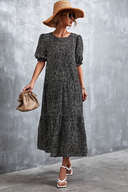 Printed Flounce Sleeve Tiered Dress-Teresa&#39;s Fashionista LLC