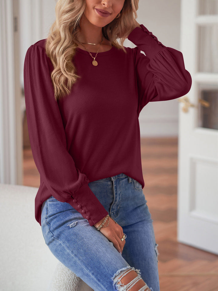 Round Neck Lantern Sleeve Blouse-Teresa&#39;s Fashionista LLC