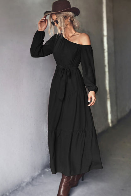 Belted One-Shoulder Tiered Maxi Dress-Teresa&#39;s Fashionista LLC