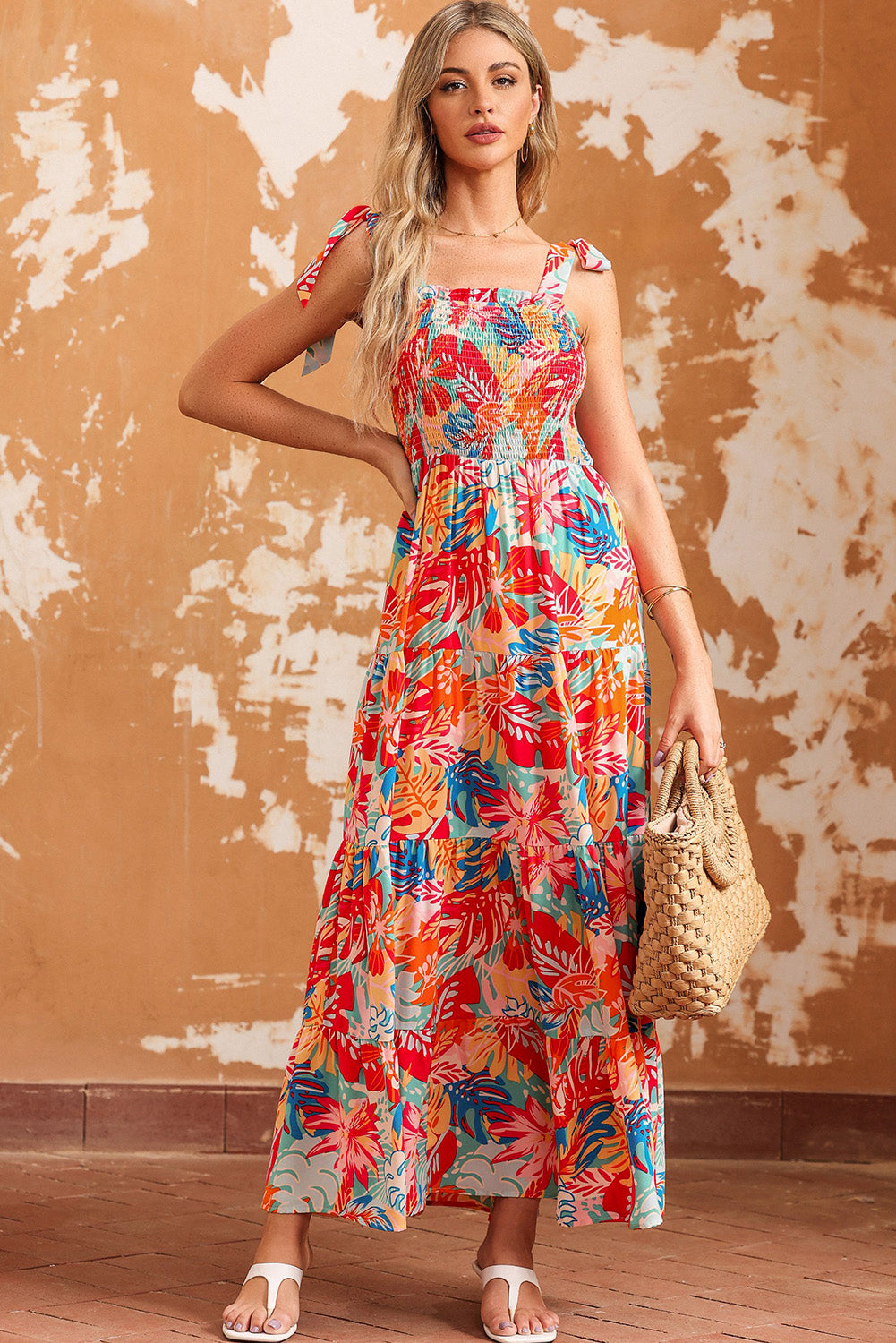 Printed Tie Shoulder Smocked Tiered Maxi Dress-Teresa&#39;s Fashionista LLC