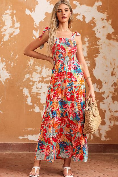 Printed Tie Shoulder Smocked Tiered Maxi Dress-Teresa&#39;s Fashionista LLC