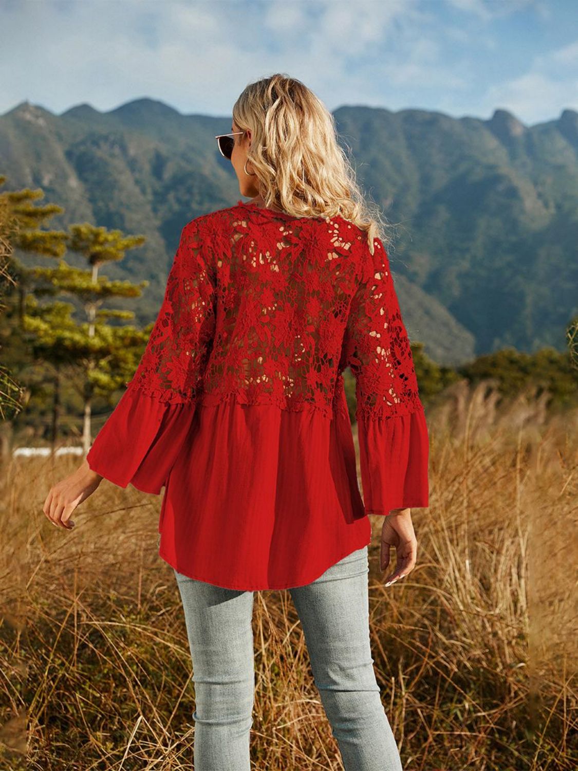 Spliced Lace Buttoned Blouse-Teresa&#39;s Fashionista LLC