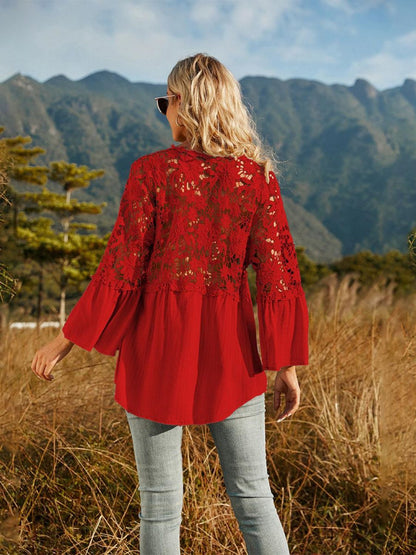 Spliced Lace Buttoned Blouse-Teresa&#39;s Fashionista LLC