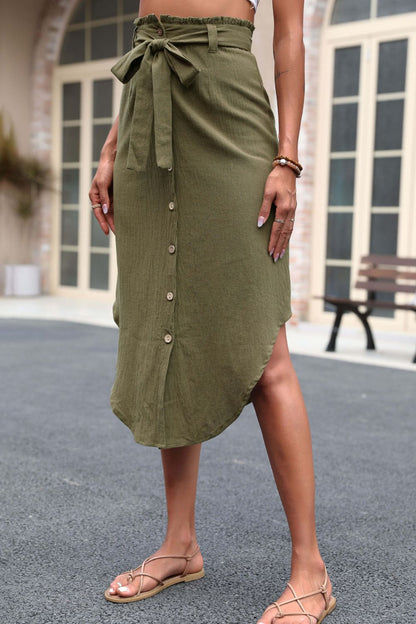 Tie Belt Frill Trim Buttoned Skirt-Teresa&#39;s Fashionista LLC