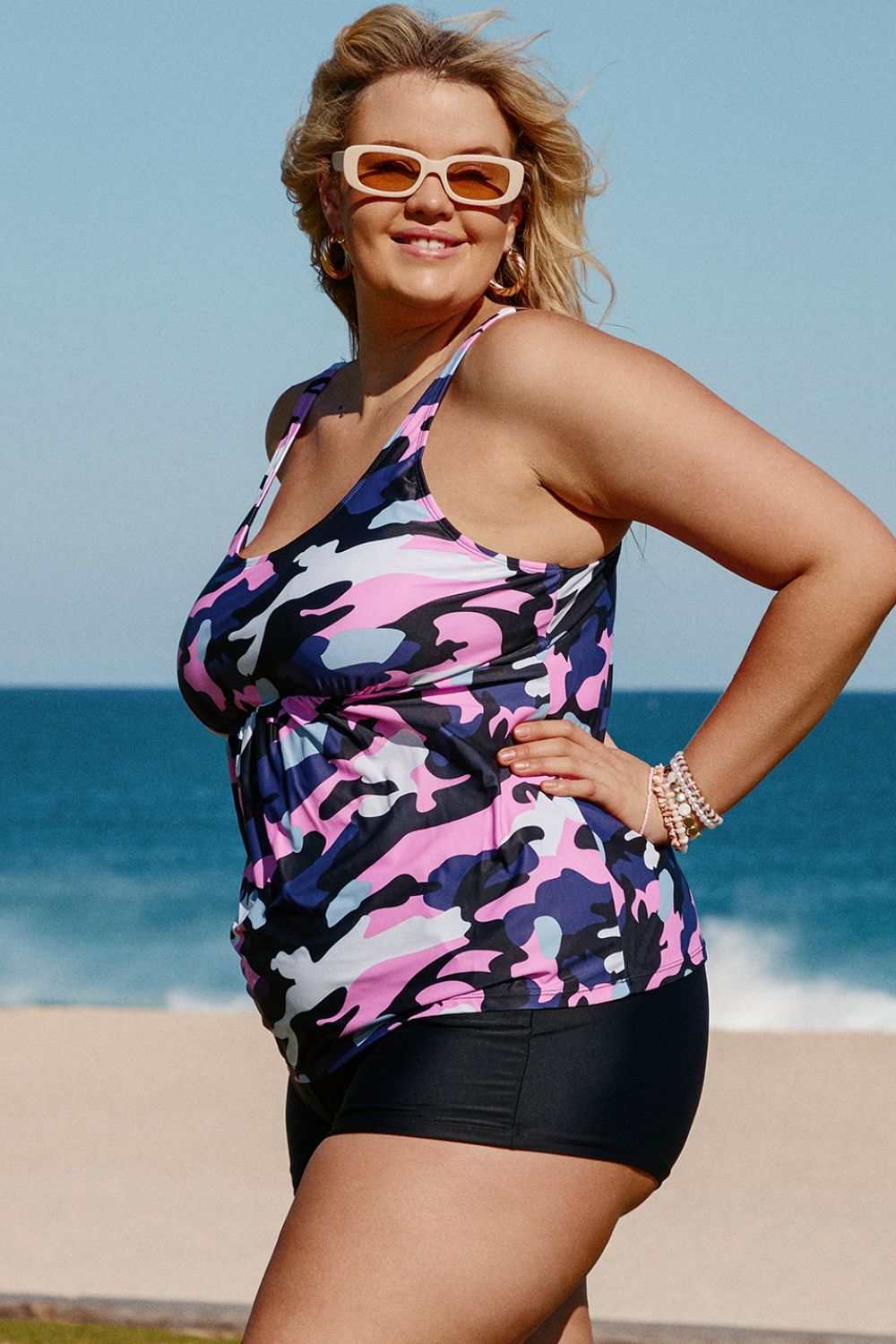 Plus Size Camouflage Peplum Two-Piece Tankini Set-Teresa&#39;s Fashionista LLC