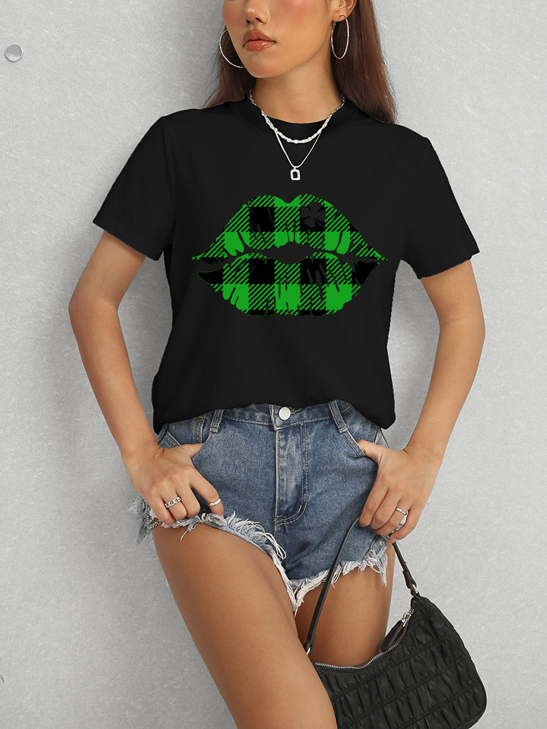 Plaid Lip Graphic Round Neck T-Shirt-Teresa&#39;s Fashionista LLC