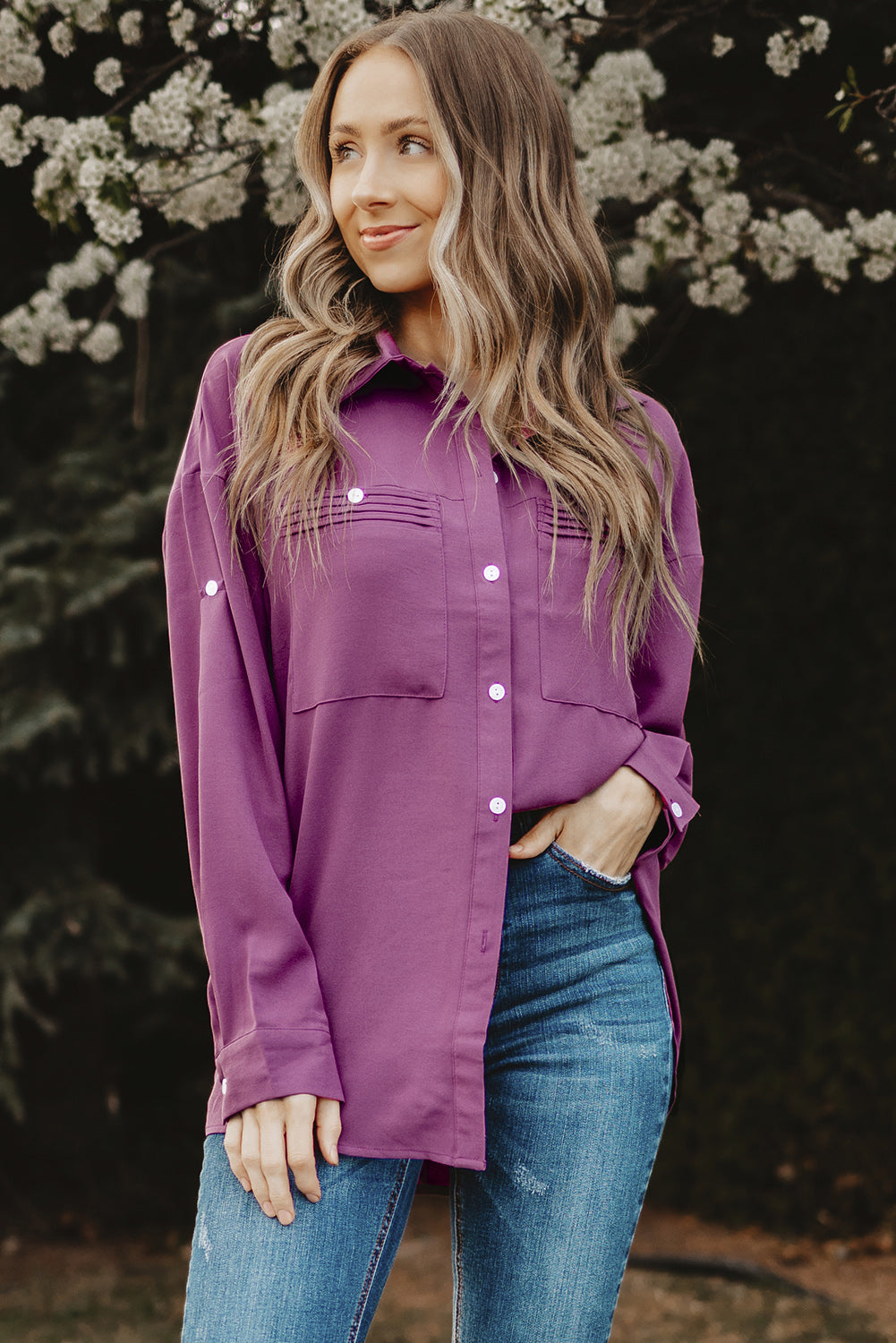 Button-Up Roll-Tab Sleeve Shirt-Teresa&#39;s Fashionista LLC