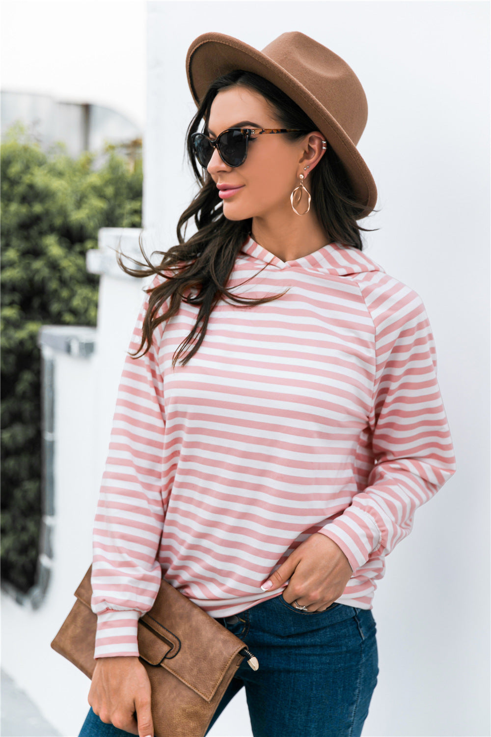 Horizontal Stripe Raglan Sleeve Hoodie-Teresa&#39;s Fashionista LLC