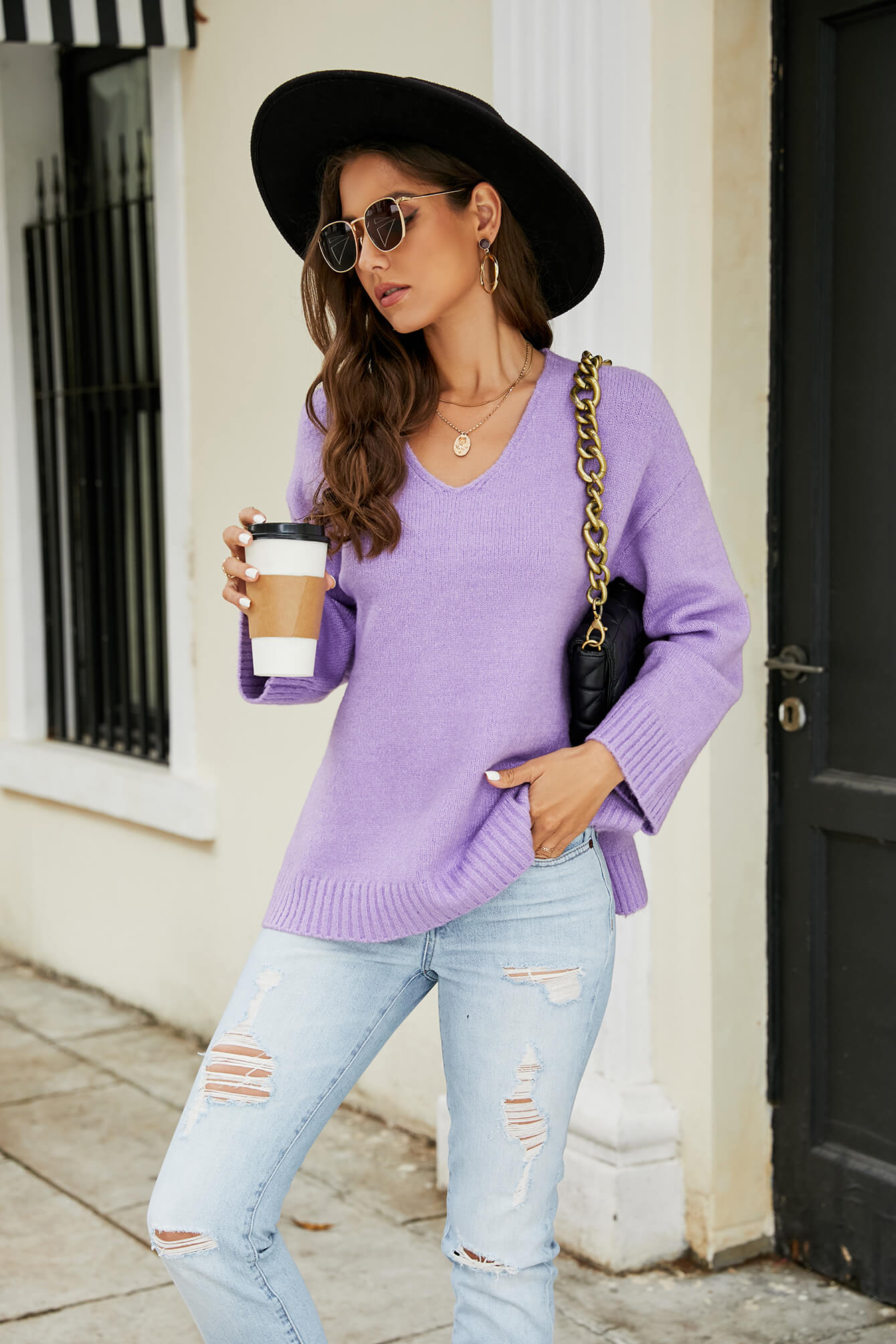 Drop Shoulder V-Neck Knit Pullover-Teresa&#39;s Fashionista LLC