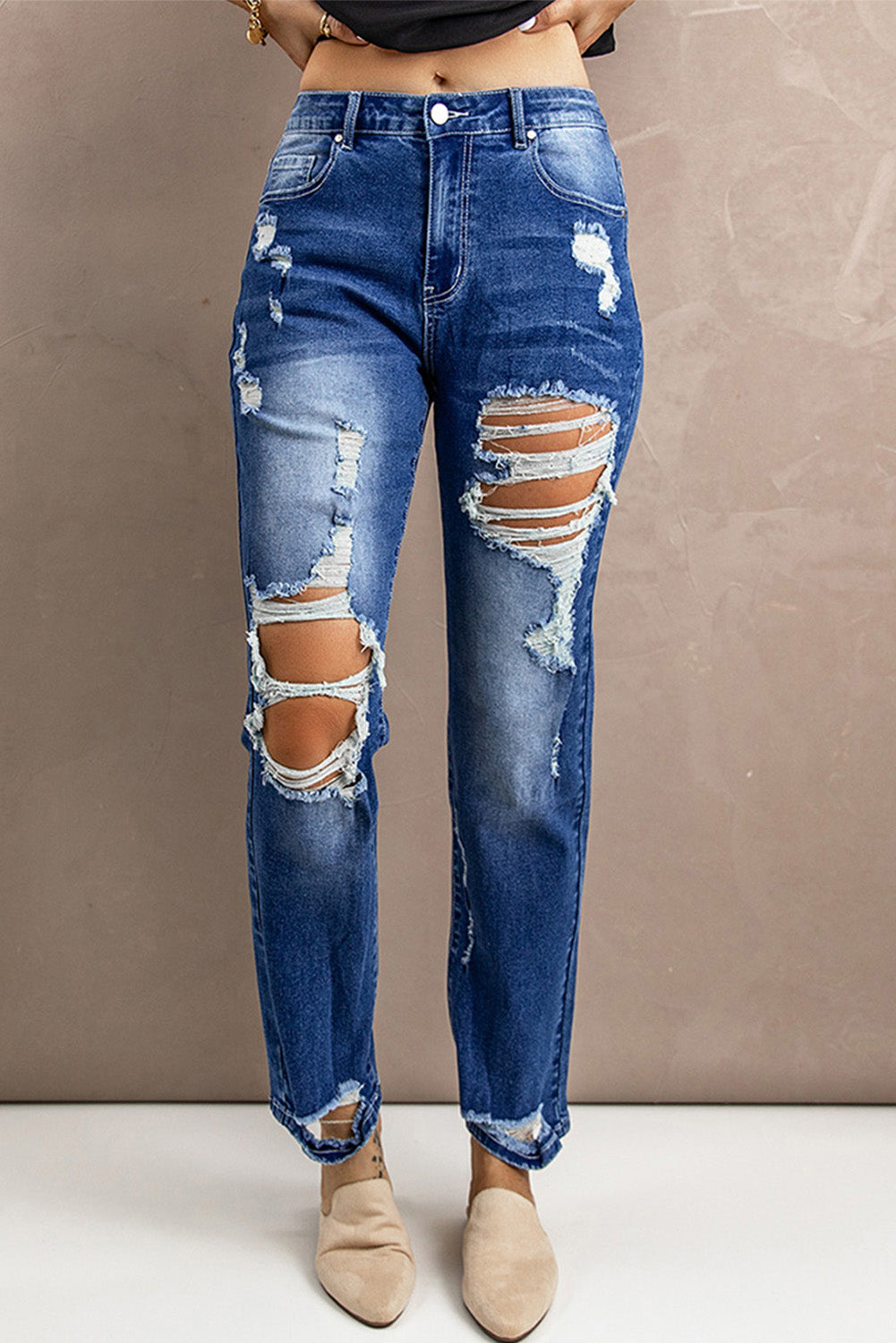 Distressed High-Rise Jeans with Pockets-Teresa&#39;s Fashionista LLC