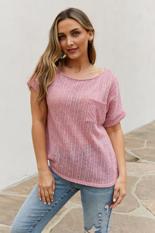 e.Luna Full Size Chunky Knit Short Sleeve Top in Mauve-Teresa&#39;s Fashionista LLC