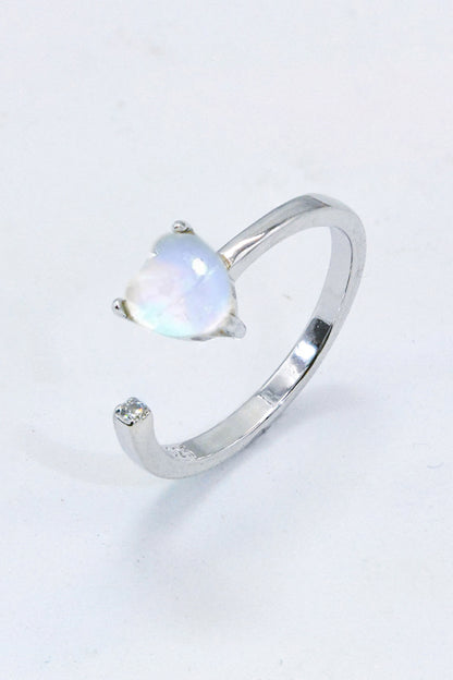 Inlaid Moonstone Heart Adjustable Open Ring-Teresa&#39;s Fashionista LLC