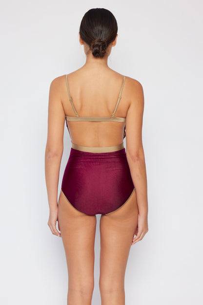 Marina West Swim Wave Break Contrast Trim One-Piece in Wine-Teresa&#39;s Fashionista LLC