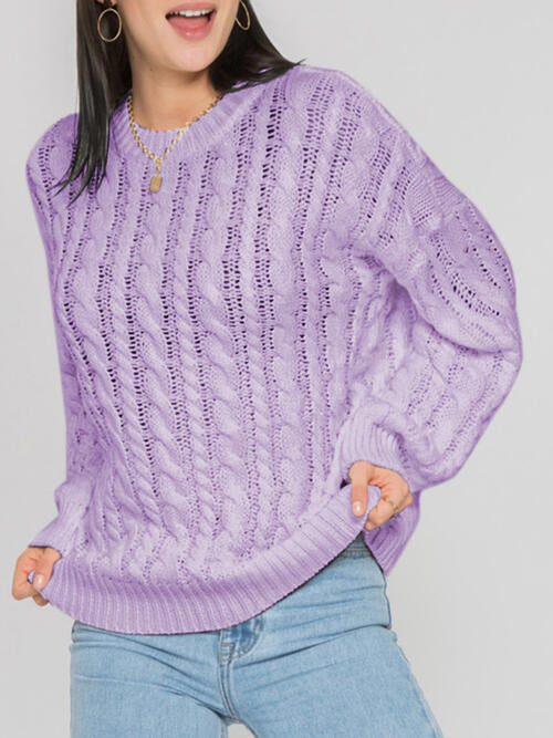 Openwork Round Sleeve Cable-Knit Sweater-Teresa&#39;s Fashionista LLC