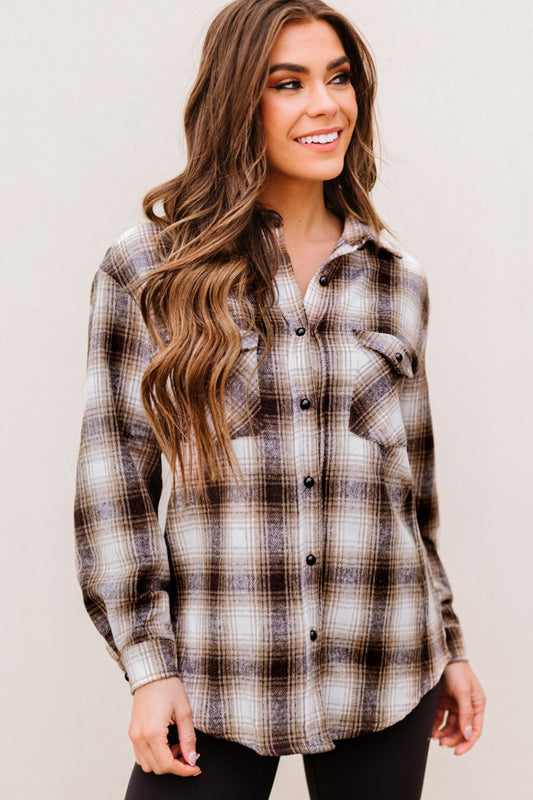 Plaid Button-Up Curved Hem Shirt with Breast Pockets-Teresa&#39;s Fashionista LLC