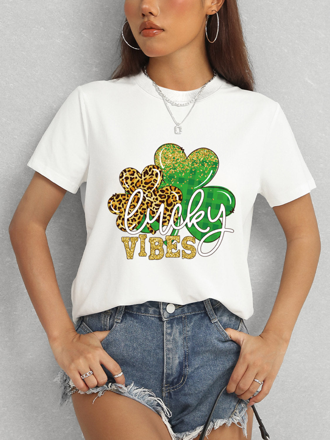 LUCKY VIBES Round Neck Short Sleeve T-Shirt-Teresa&#39;s Fashionista LLC