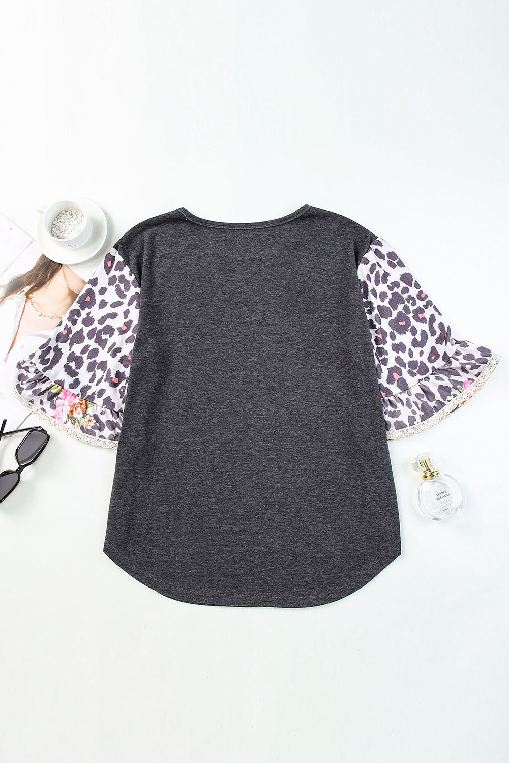 Leopard Flounce Sleeve Round Neck Top-Teresa&#39;s Fashionista LLC