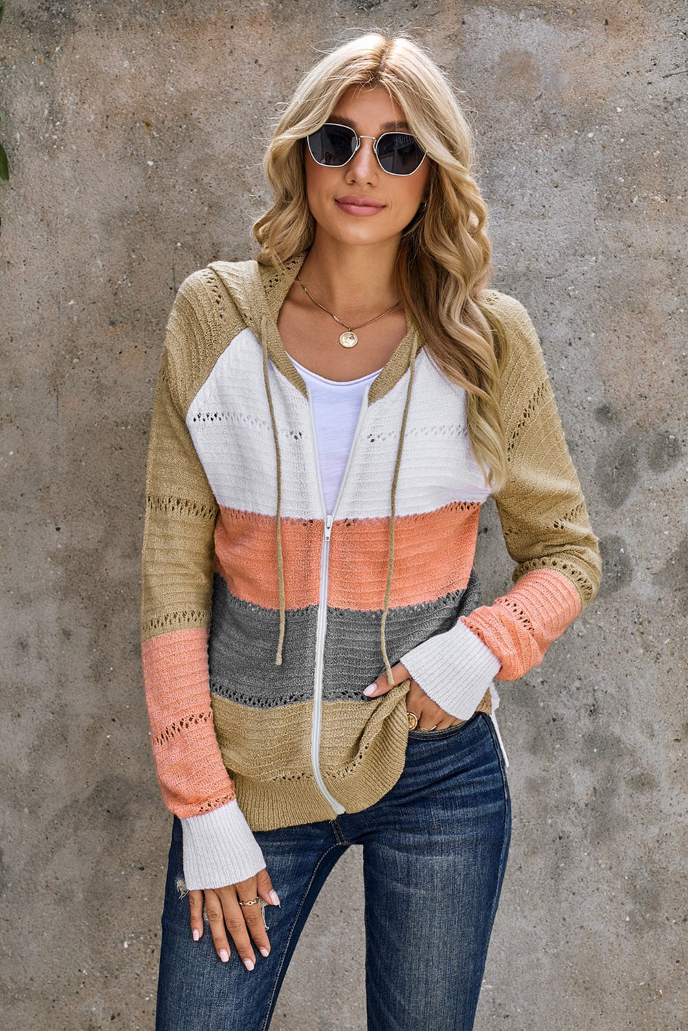 Zip-Up Raglan Sleeve Openwork Hooded Cardigan-Teresa&#39;s Fashionista LLC