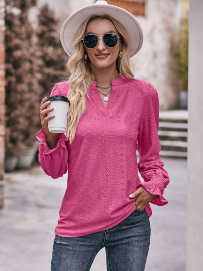 Eyelet Notched Neck Flounce Sleeve Blouse-Teresa&#39;s Fashionista LLC