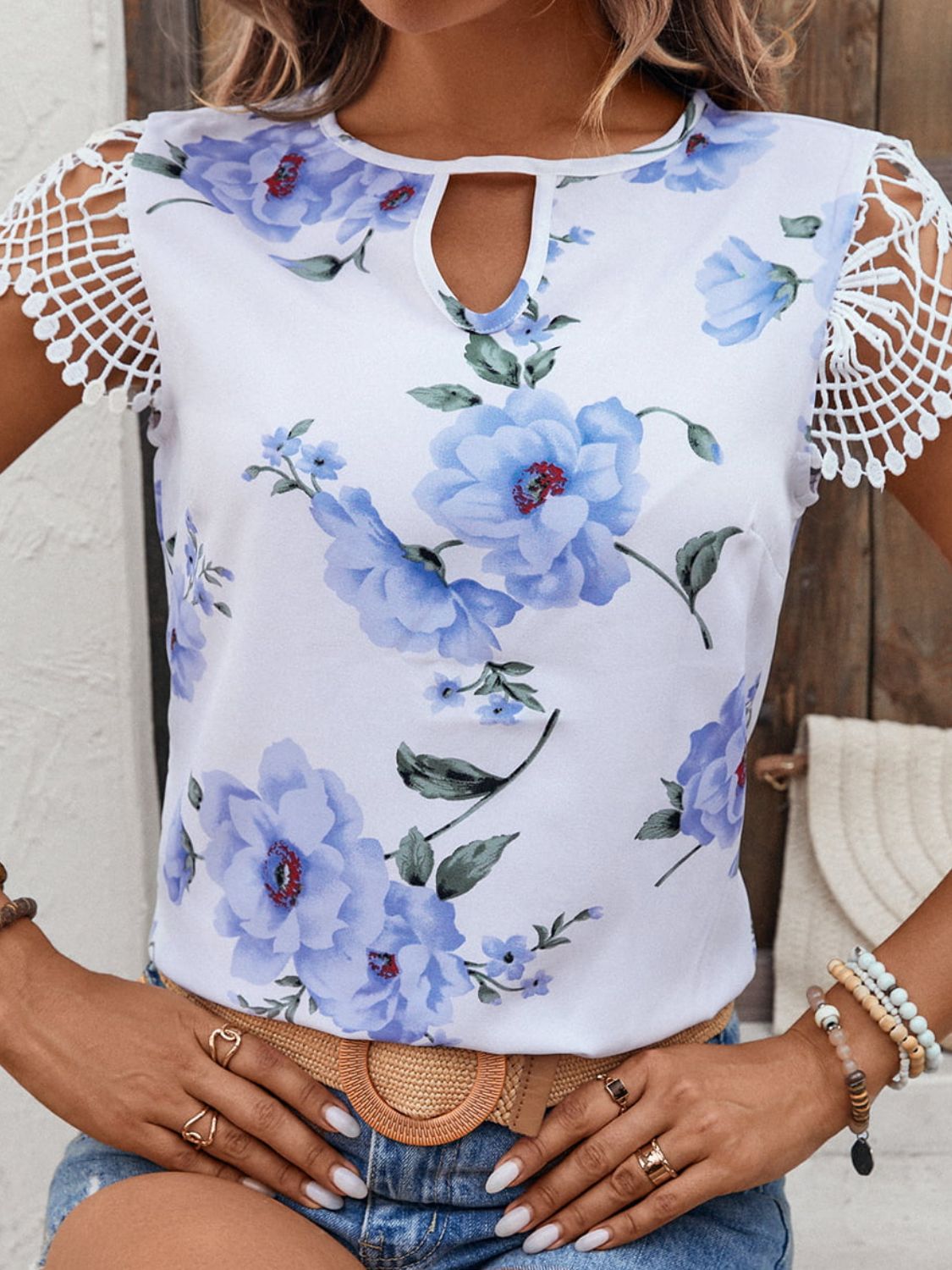 Floral Cutout Round Neck Blouse-Teresa&#39;s Fashionista LLC