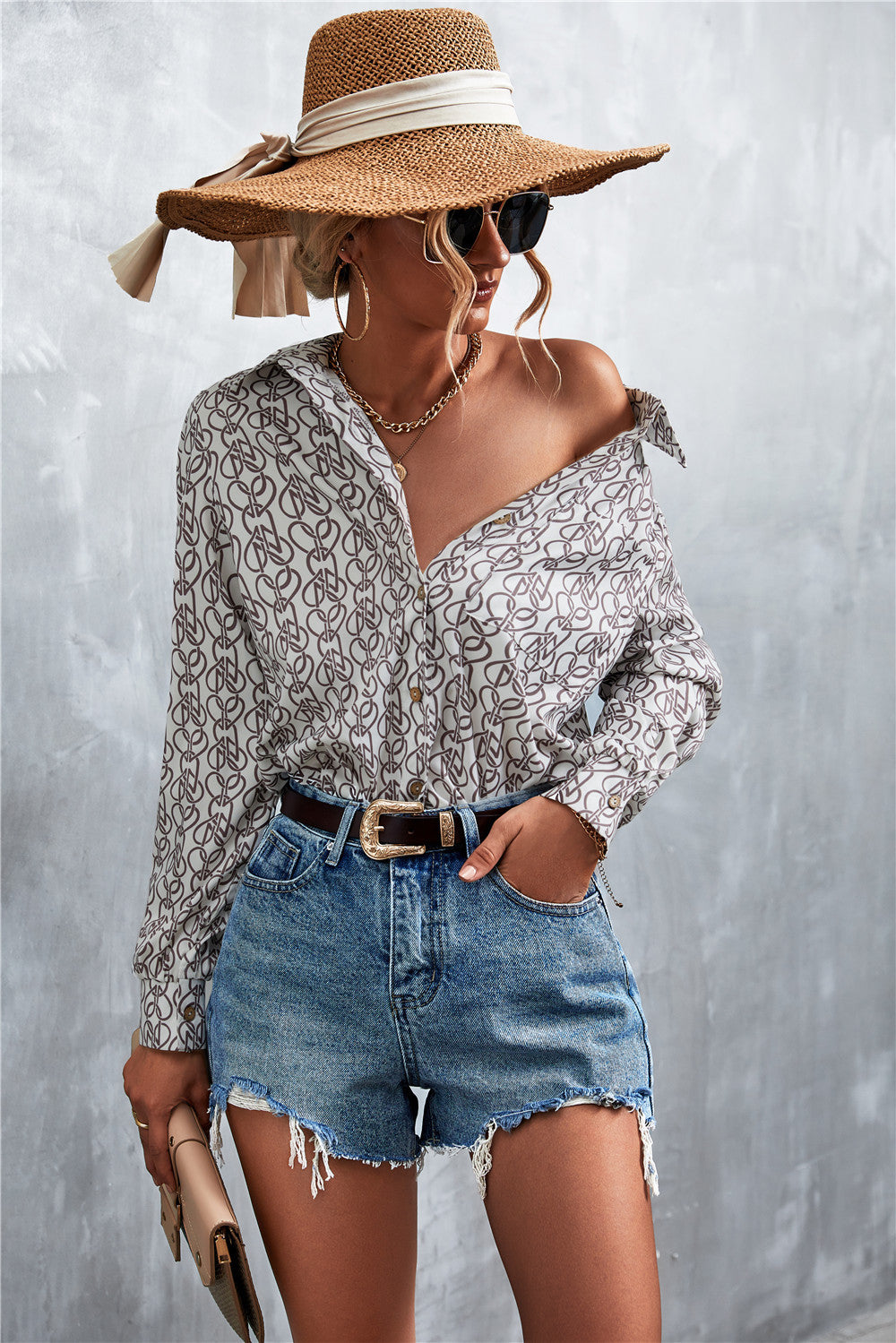 Printed Button Down Long Sleeve Shirt-Teresa&#39;s Fashionista LLC