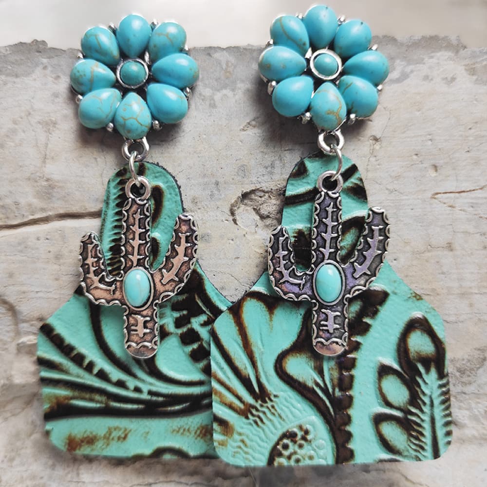 Turquoise Cactus Dangle Earrings-Teresa&#39;s Fashionista LLC