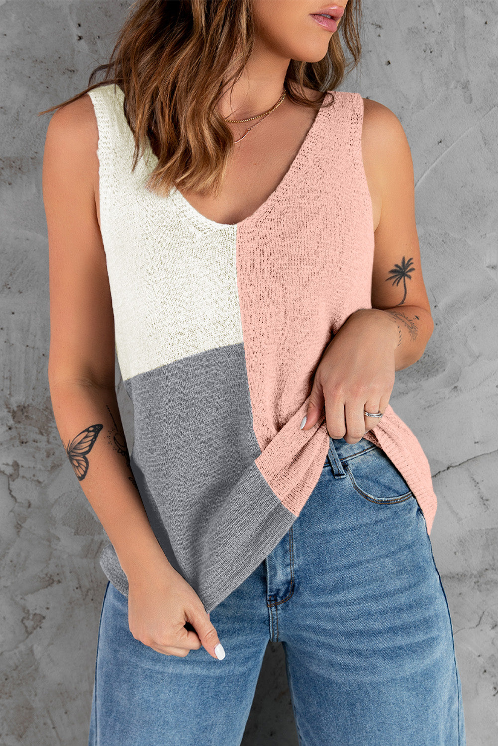 Color Block V-Neck Knitted Tank-Teresa&#39;s Fashionista LLC