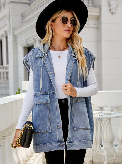 Hooded Sleeveless Denim Top with Pockets-Teresa&#39;s Fashionista LLC