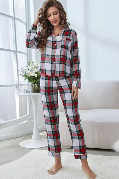 Plaid Button Front Top and Pants Lounge Set-Teresa&#39;s Fashionista LLC