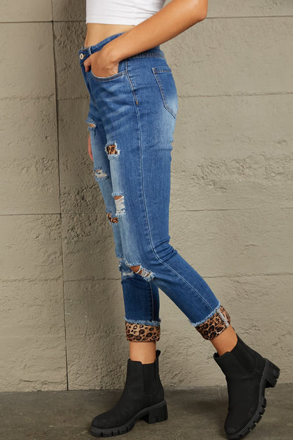 Baeful Leopard Patch Distressed Cropped Jeans-Teresa&#39;s Fashionista LLC