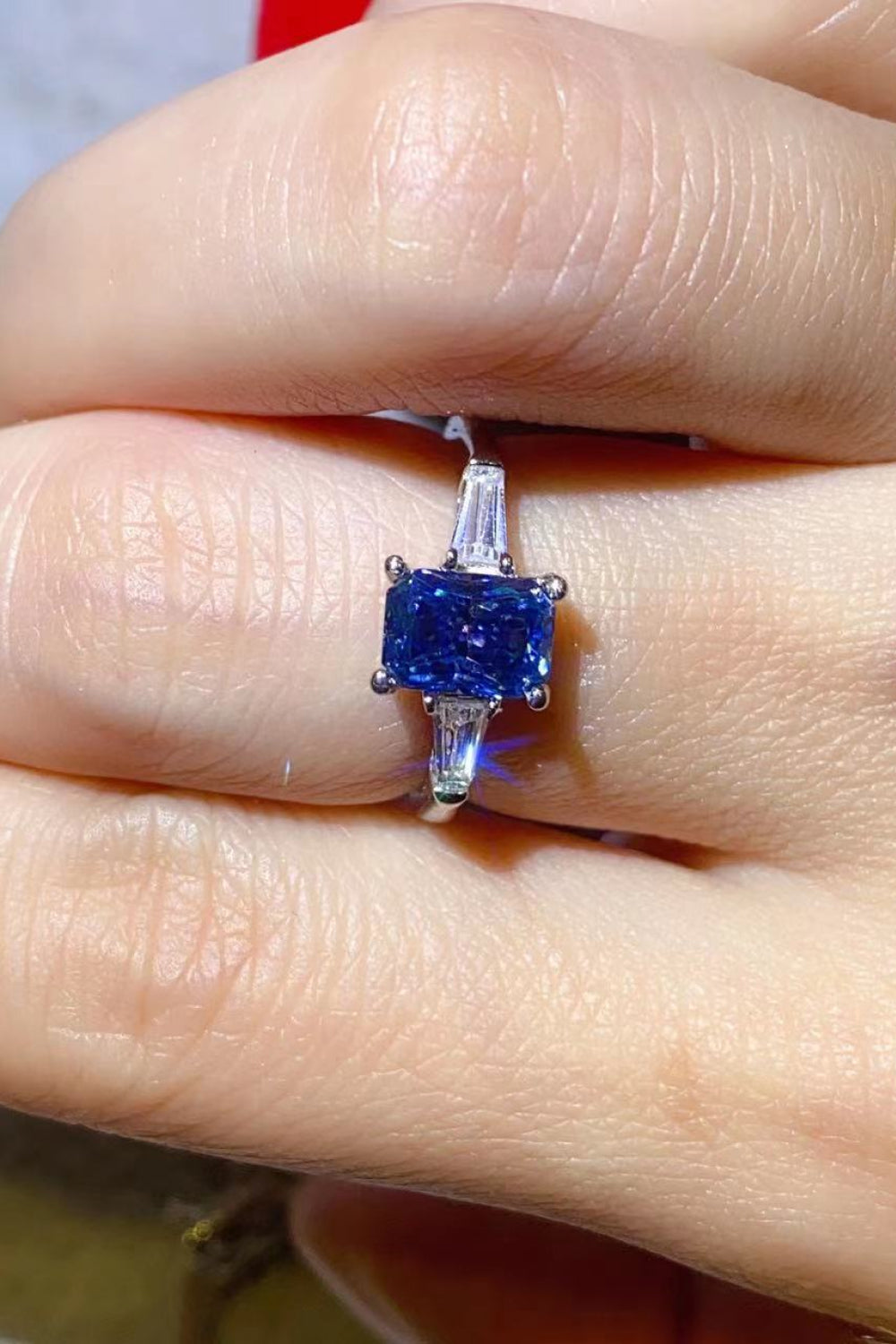 1 Carat Moissanite Platinum-Plated Rectangle Ring in Blue-Teresa&#39;s Fashionista LLC