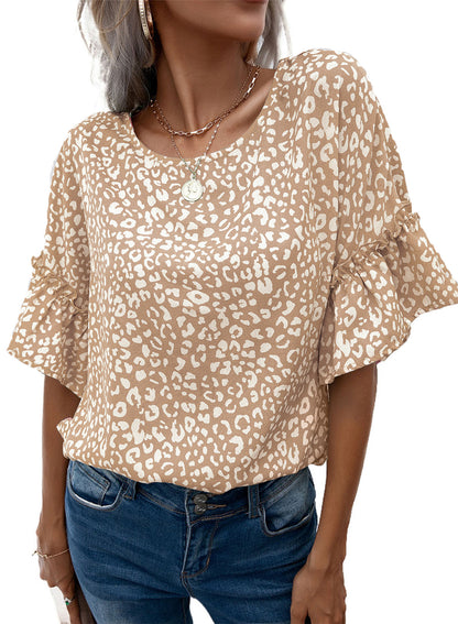 Leopard Round Neck Frill Trim Blouse-Teresa&#39;s Fashionista LLC