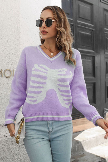 Skeleton Pattern V-Neck Long Sleeve Pullover Sweater-Teresa&#39;s Fashionista LLC