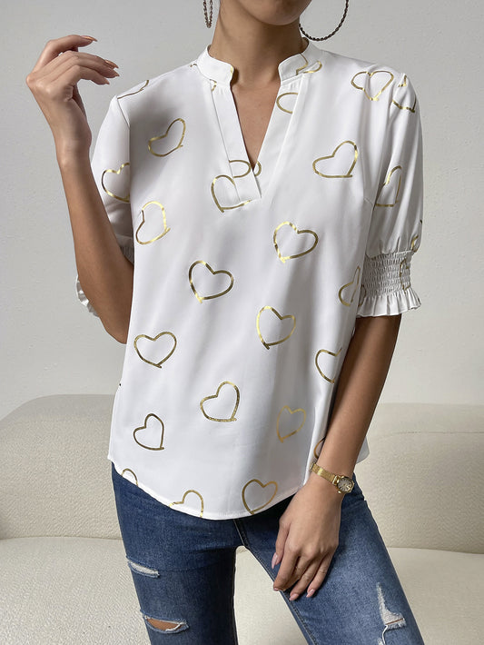 Heart Print Notched Neck Half Sleeve Blouse-Teresa&#39;s Fashionista LLC