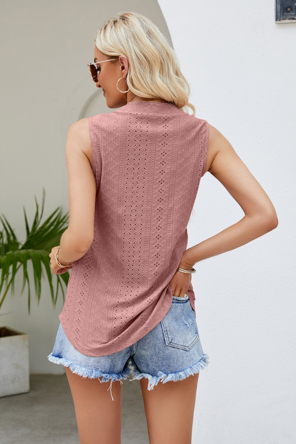 Notched Neck Curved Hem Eyelet Tank-Teresa&#39;s Fashionista LLC