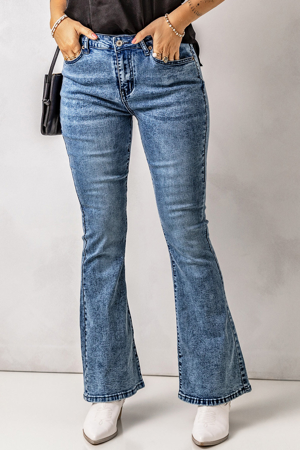 Vintage Wash Flare Jeans with Pockets-Teresa&#39;s Fashionista LLC