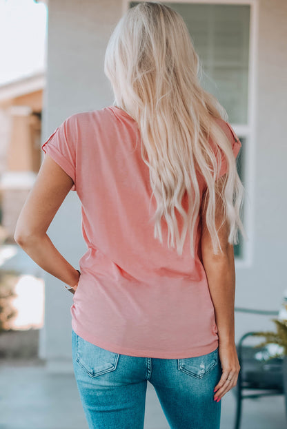 Women Buttoned Roll-Tab Sleeve Tee Shirt-Teresa&#39;s Fashionista LLC