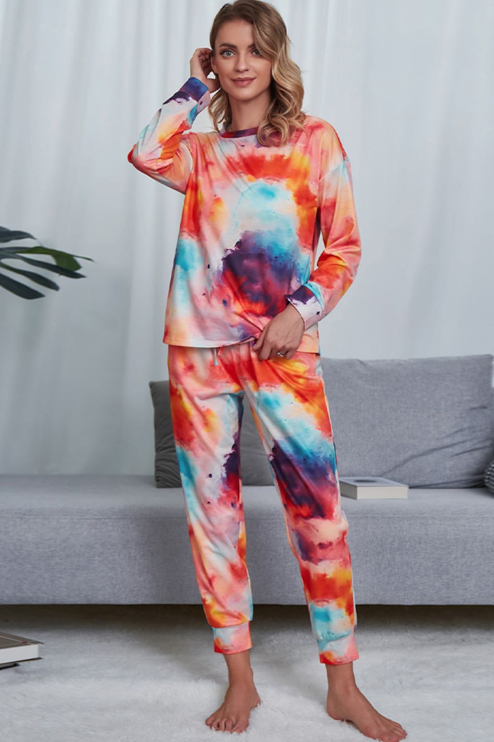 Tie-Dye Crewneck Top and Drawstring Waist Joggers Lounge Set-Teresa&#39;s Fashionista LLC