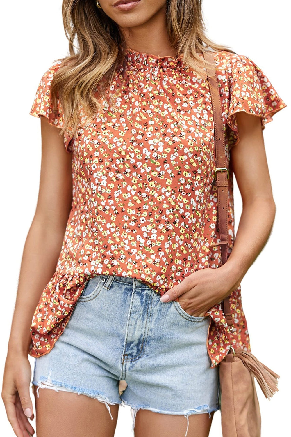 Floral Flutter Sleeve Frill Trim Blouse-Teresa&#39;s Fashionista LLC