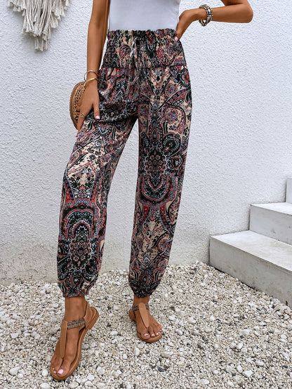 Paisley Print Smocked High-Waist Pants-Teresa&#39;s Fashionista LLC