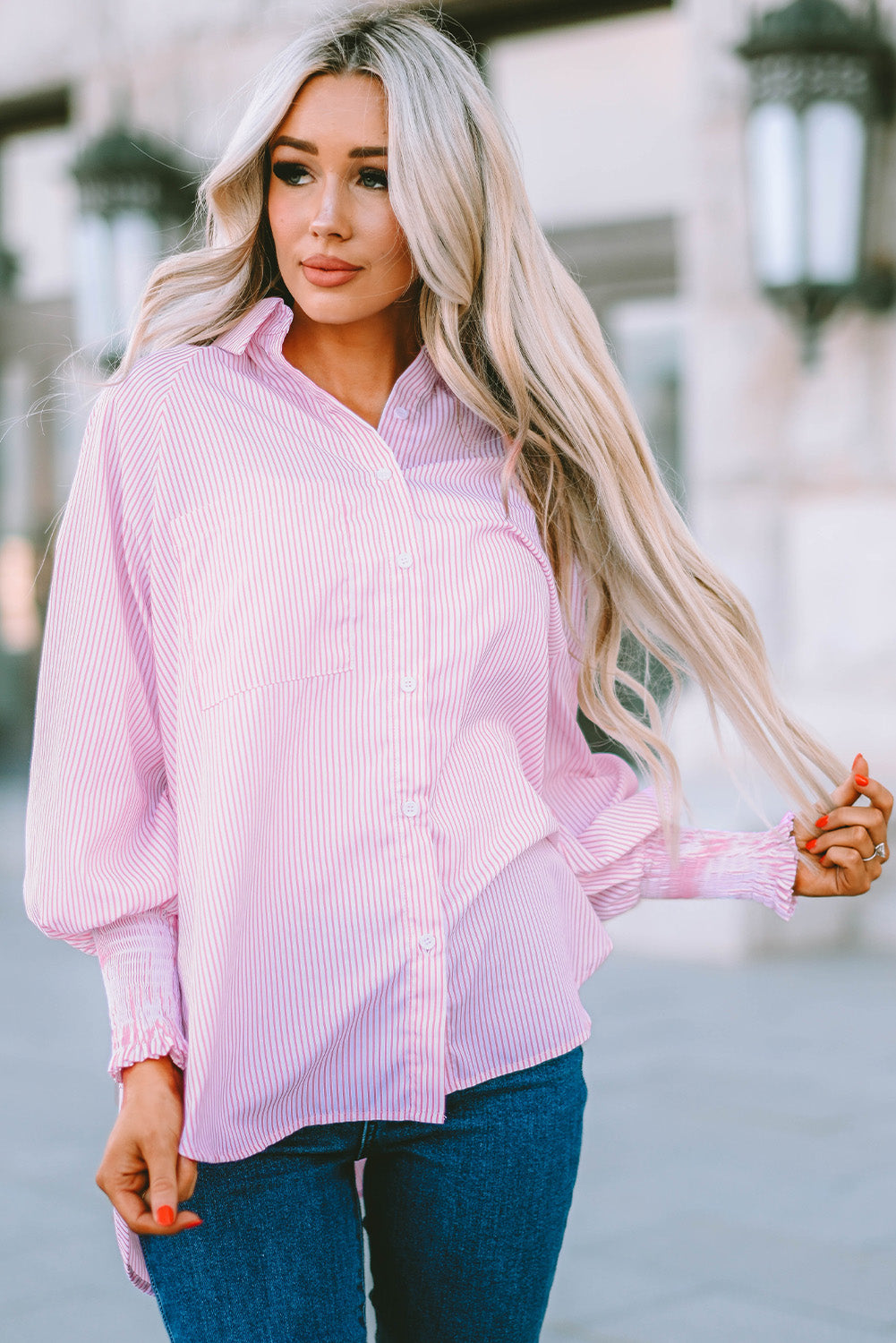 Striped Lantern Sleeve Collared Shirt-Teresa&#39;s Fashionista LLC