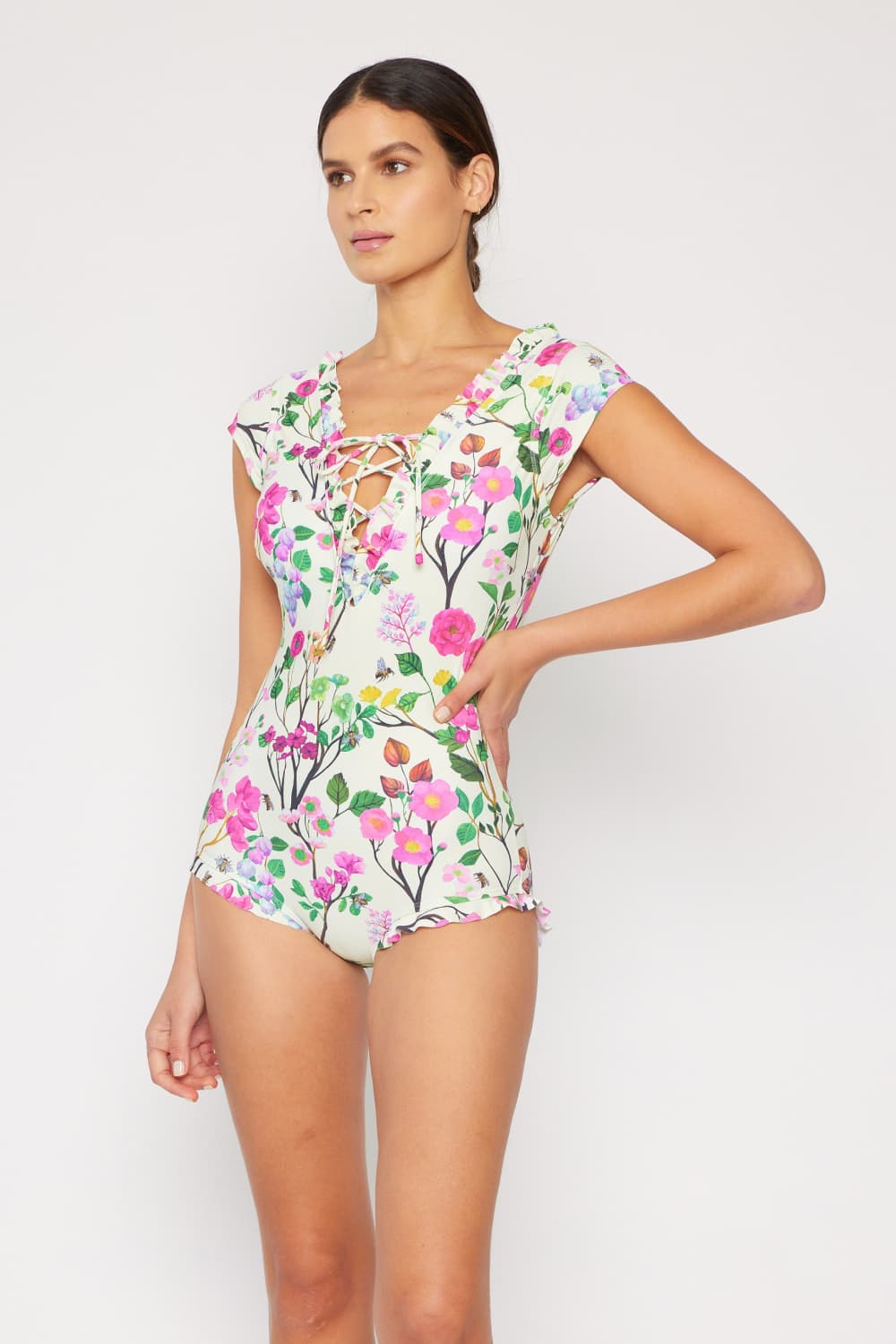 Marina West Swim Bring Me Flowers V-Neck One Piece Swimsuit Cherry Blossom Cream-Teresa&#39;s Fashionista LLC