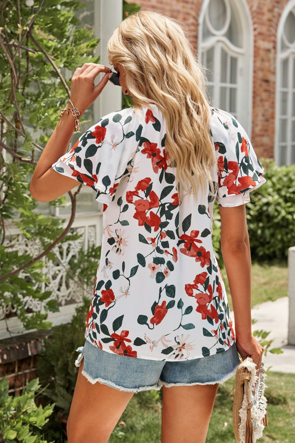 Floral Tie Neck Short Sleeve Shirt-Teresa&#39;s Fashionista LLC