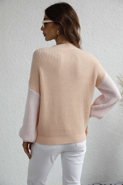 Two-Tone Rib-Knit Dropped Shoulder Sweater-Teresa&#39;s Fashionista LLC