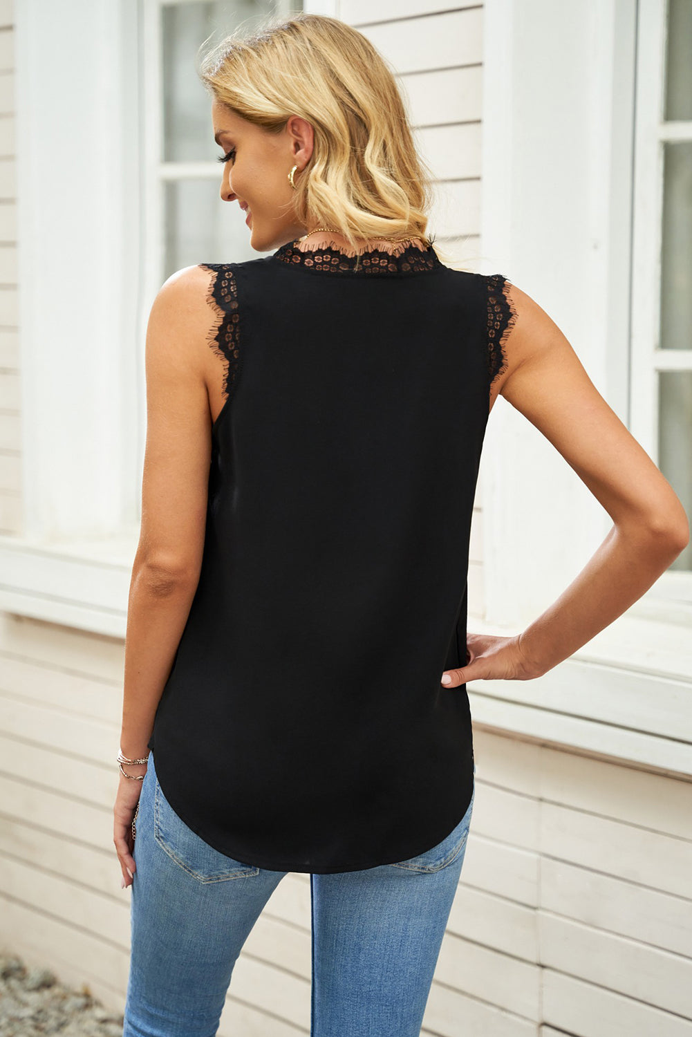 Eyelash Spliced Lace V-Neck Tank-Teresa&#39;s Fashionista LLC